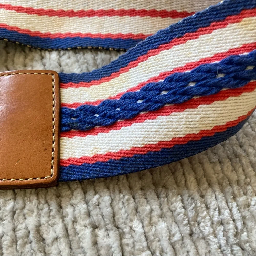 Eddie Bauer Stripe Canvas Leather Belt‎ Large Vintage Americana Red White Blue